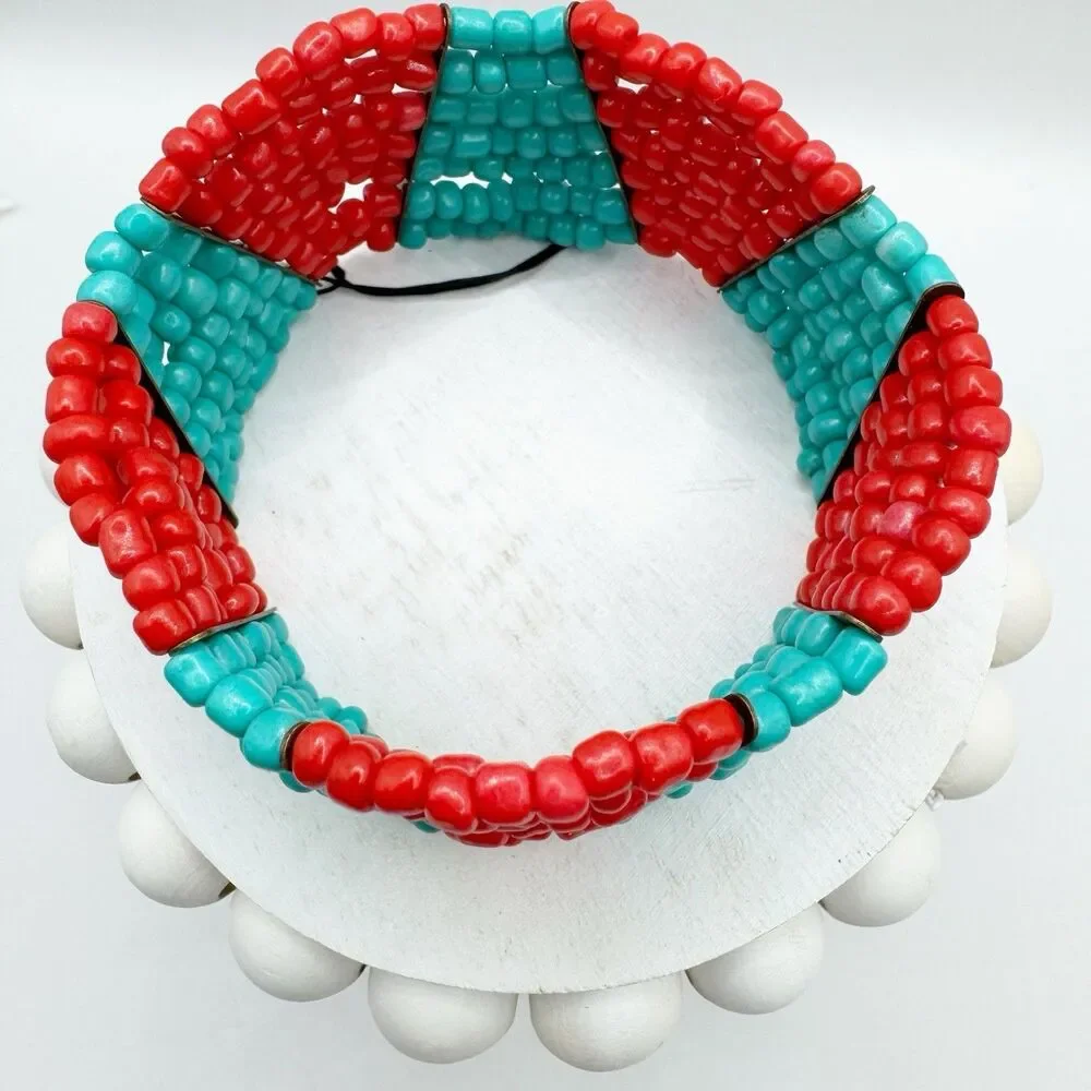 Coral Turquoise Glass Seed Bead Color Block Stretch Bracelet Boho Southwest